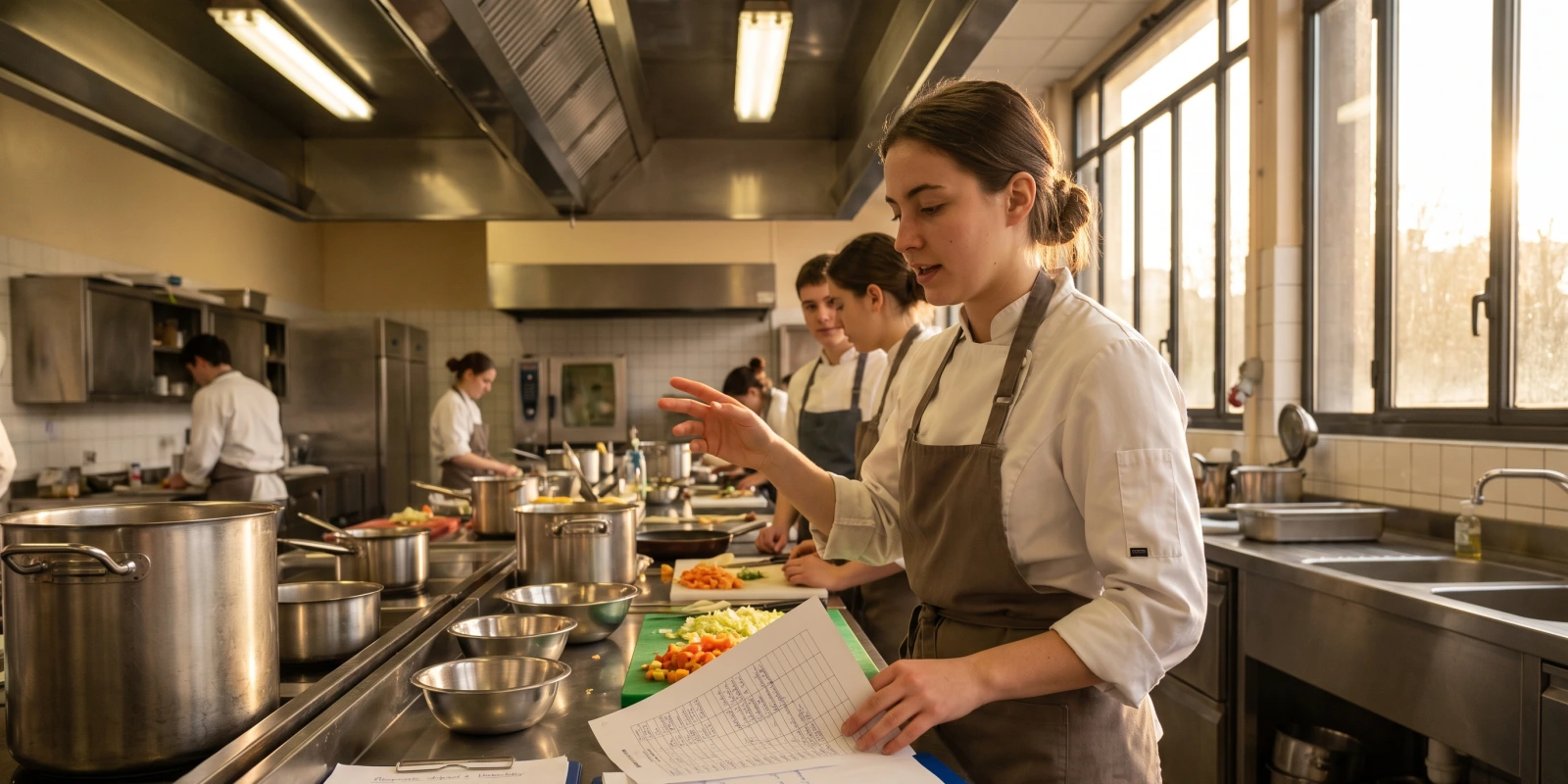 BTS MHR option B : management d’unité de production culinaire Une jeune cheffe tenant un document explique une consigne à son équipe dans une cuisine professionnelle