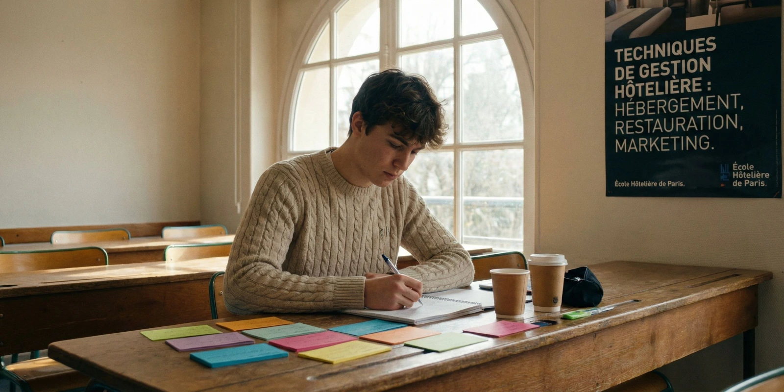 Fiches de révision BTS MHR : la méthode qui fait vraiment réussir Étudiant en BTS MHR prenant des notes structurées sur des fiches de révision colorées