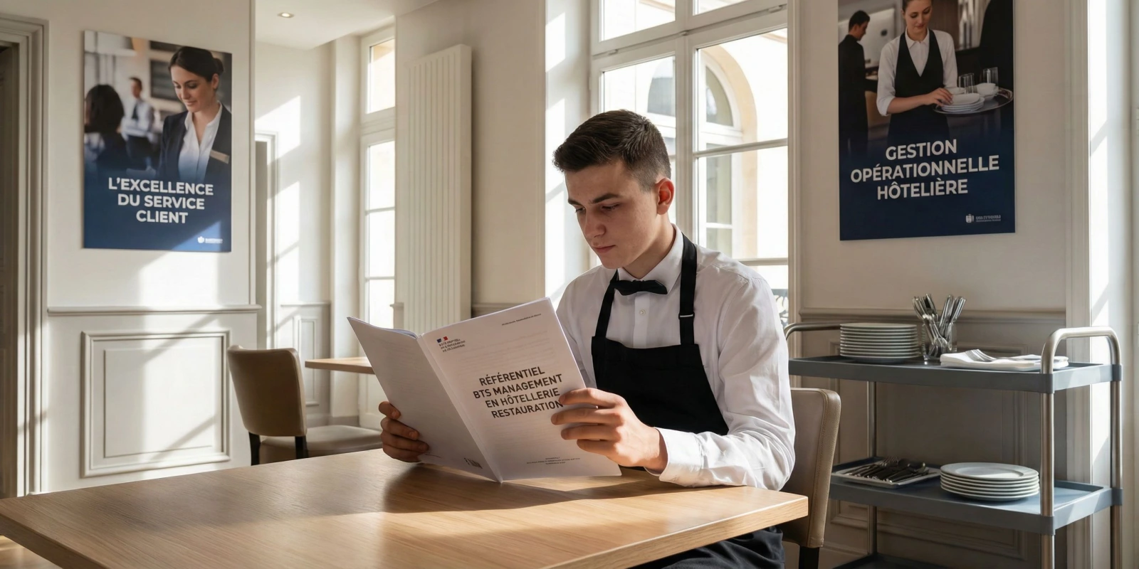 Référentiel BTS MHR 2026 : programme, épreuves et coefficients Étudiant en BTS MHR consultant le référentiel officiel dans un établissement hôtelier